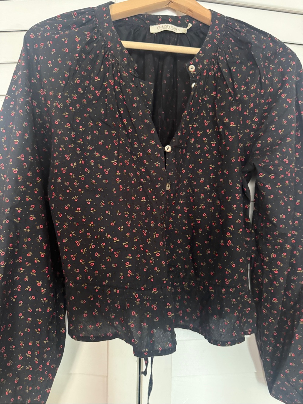 Christy Dawn Black Micro Floral Button-Front Peasant Blouse